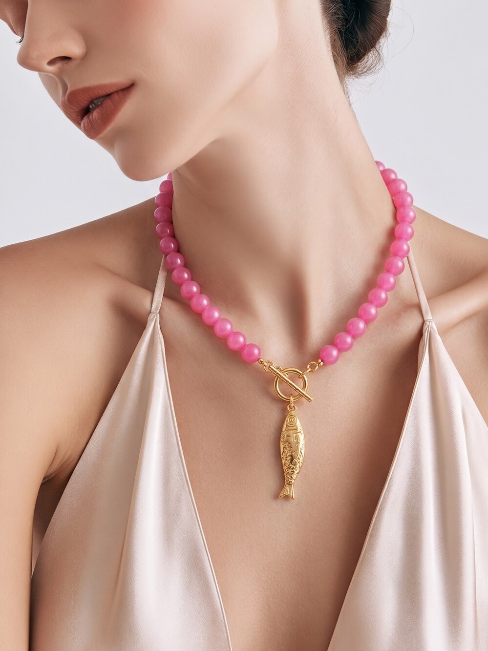 Mayamar Hot Pink Glass Beaded Necklace w 24k Gold Plated Fish Charm & Gift Bag